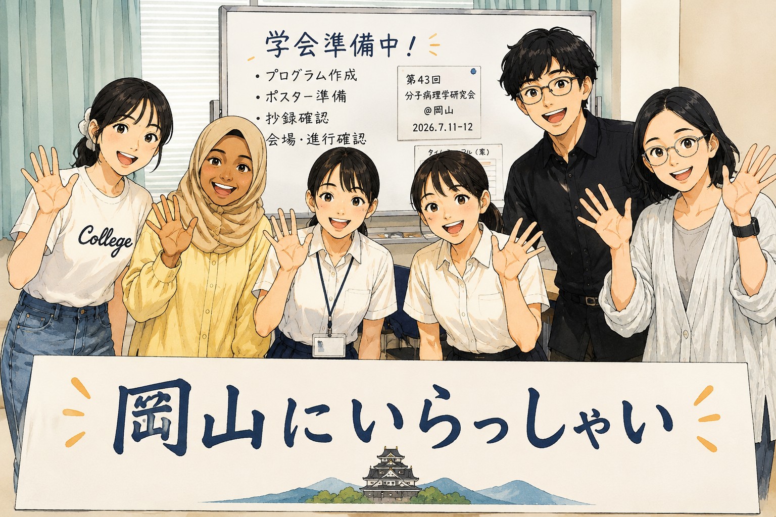 岡山にいらっしゃい:第43回分子病理学研究会の実行委員が皆さまをお迎えするイラスト